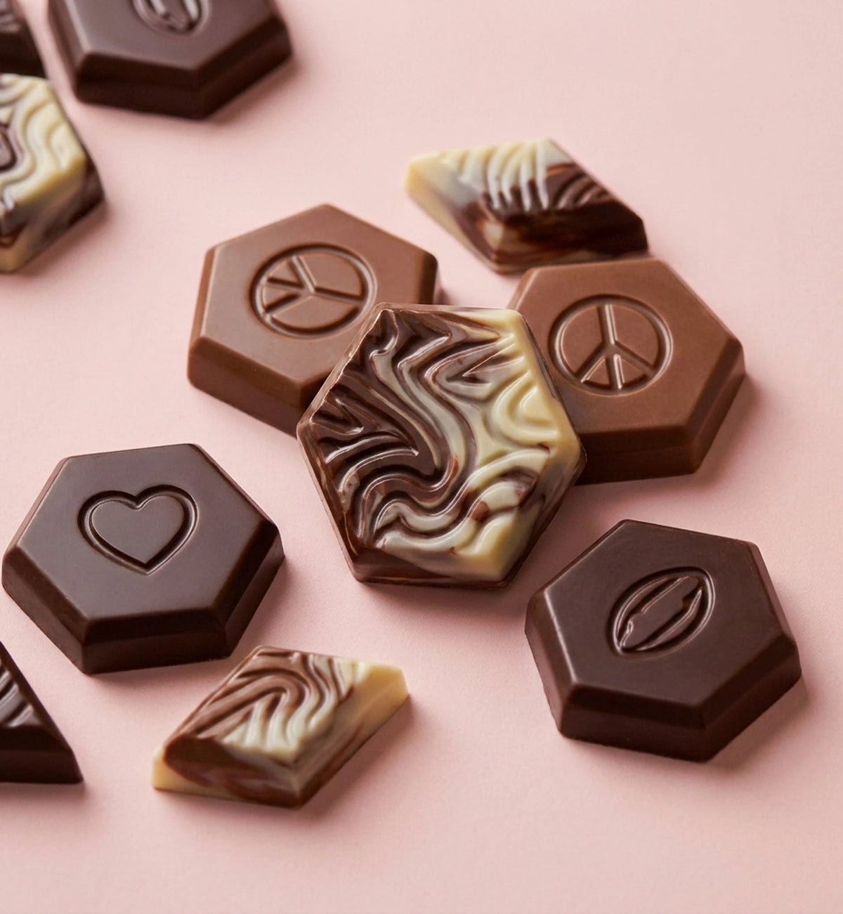 hexagonal and irregular milk and dark chocolate pieces