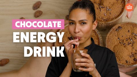 Cocoa Circle chocolate energy drink recipe with a chef sipping a cacao drink and cocoa powder cups behind.